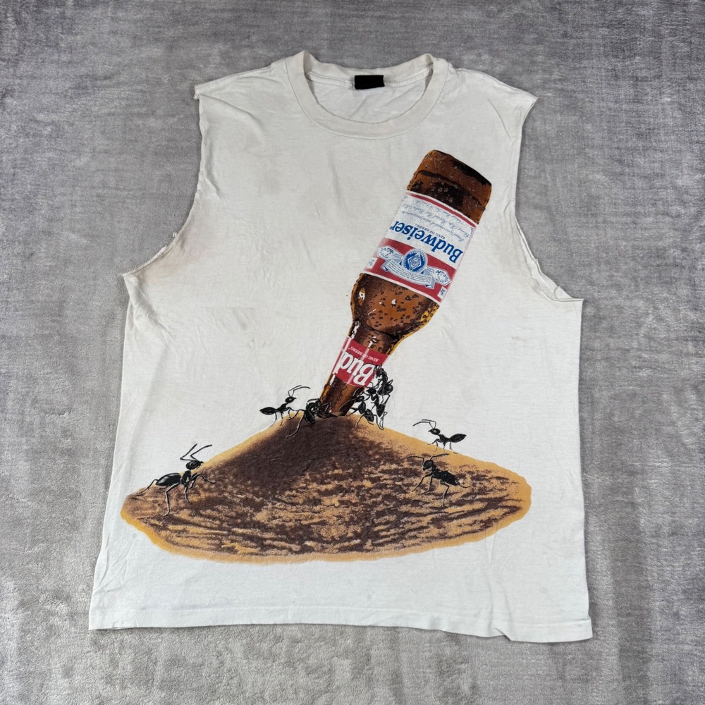 Budweiser Shirt Mens XL White Vintage 1995 Ant Hill Double Sided Cut Off Changes